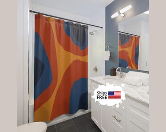 Cortina de ducha moderna de mediados de siglo PALM naranja y azul