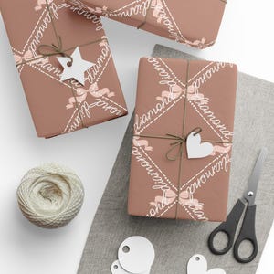Birthstone Month Diamond Wrapping Paper for April, Birthday Gifts, Presents with Morse Code, Pink Bows, Beige, White Gems & Calligraphy
