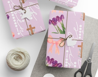 Papel de regalo "Él ha resucitado" para regalos de Pascua, con código Morse, lazos rosas, caligrafía blanca, flores, cruz, lavanda, estilo preppy.