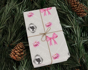 Papel de regalo para novias, boda romántica, diseño floral y de lazo, con silueta de mujer.