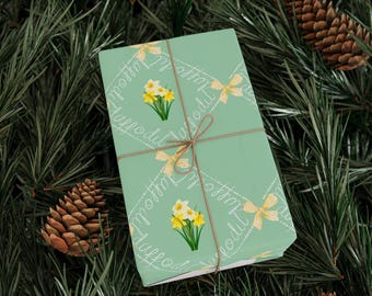Papel de regalo de narcisos para cumpleaños, regalos con código morse, lazos amarillos, caligrafía blanca, flores, patrón de celosía, verde, estilo preppy.