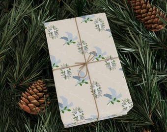 Papel de regalo con cruz para regalos de Pascua, con código Morse, palomas, caligrafía blanca, flores, patrón de celosía, color crema, estilo preppy, flores