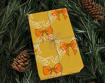 Papel de regalo del mes de noviembre con la piedra natal, lazos de topacio amarillo, código Morse, piedras preciosas y caligrafía.