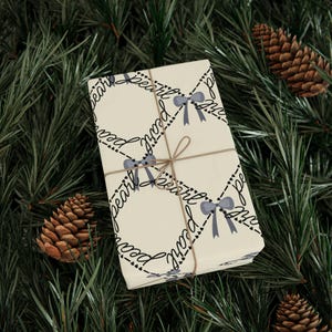June Birthstone Wrapping Paper, Pearl Grey Bows with Morse Code