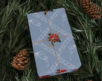 Papel de regalo con diseño de flores para cumpleaños, con código Morse, lazos blancos y caligrafía, rosas rojas, diseño enrejado, estilo azul preppy.