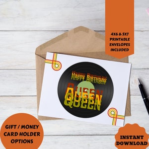 Feliz aniversário rainha cartão imprimível para download disco de vinil cartão de aniversário retrô para seu amigo lgbtq cartão digital envelope imprimível