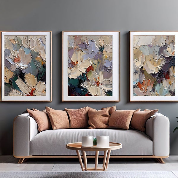 Triptych Wall Art Modern, 3 Piece Abstract Flowers Art, Neutral Three Prints, Impasto Minimalist Wall Art, Bedroom Living Room Decor Set