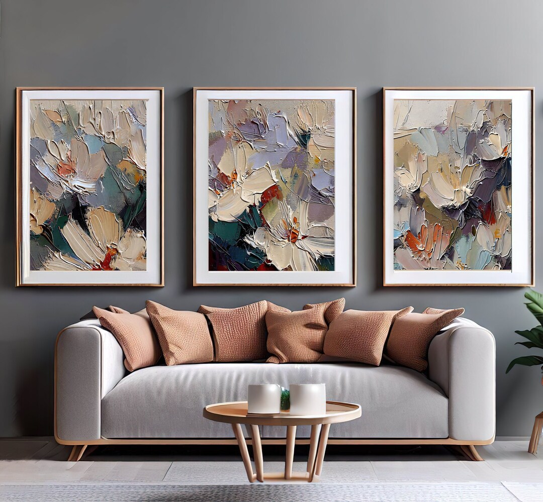 Triptych Wall Art Modern, 3 Piece Abstract Flowers Art, Neutral Three ...