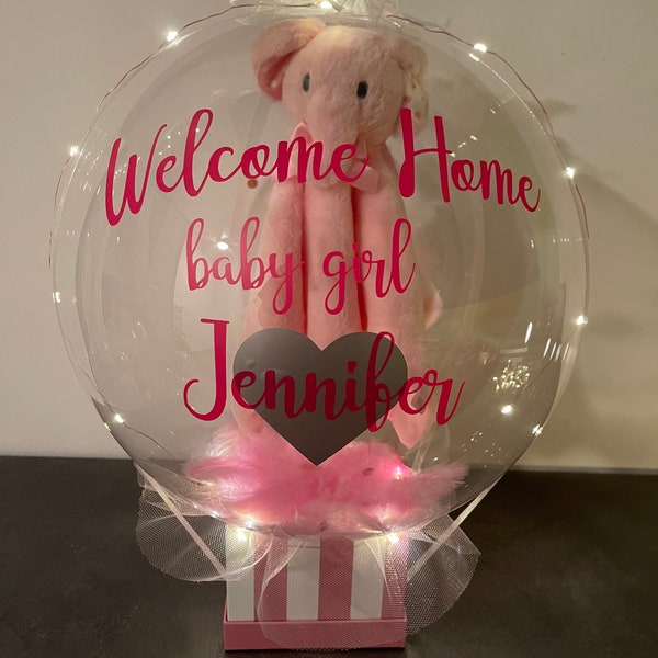 Kuscheltier im Ballon,Bubble Geschenk,Wilkommen Baby, Geschenkidee für Taufe,Kindergeburtstag, Babygeschenk, personalisiertes Ballongeschenk