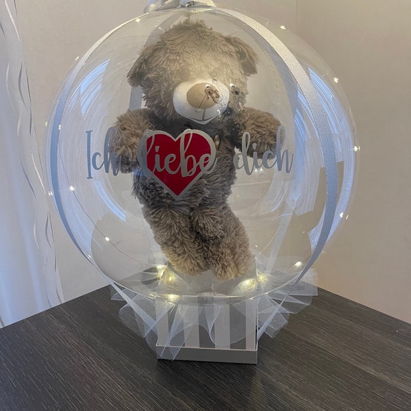 Kuscheltier im Ballon, Bubble Geschenk, Geschenkidee für Kindergeburtstag, Ich liebe dich Geschenk, personalisiertes Ballongeschenk