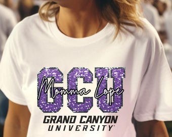 GCU T-shirt Lila Faux Glitter Glitter Glitter Varsity-bokstäver GCU Grand Canyon University Kristna kläder Tro Gåva till henne Student