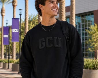 Moletom de gola redonda GCU Grand Canyon University, elegante e moderno, preto sobre preto, para ele ou para ela, presente para ex-alunos.