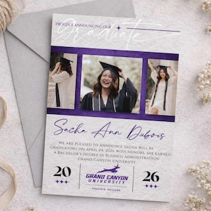 May include: A graduation announcement card with a purple and white design. The card features three photos of the graduate, the name "Sacha Ann Dubois", and details about the graduation from Grand Canyon University in 2026.