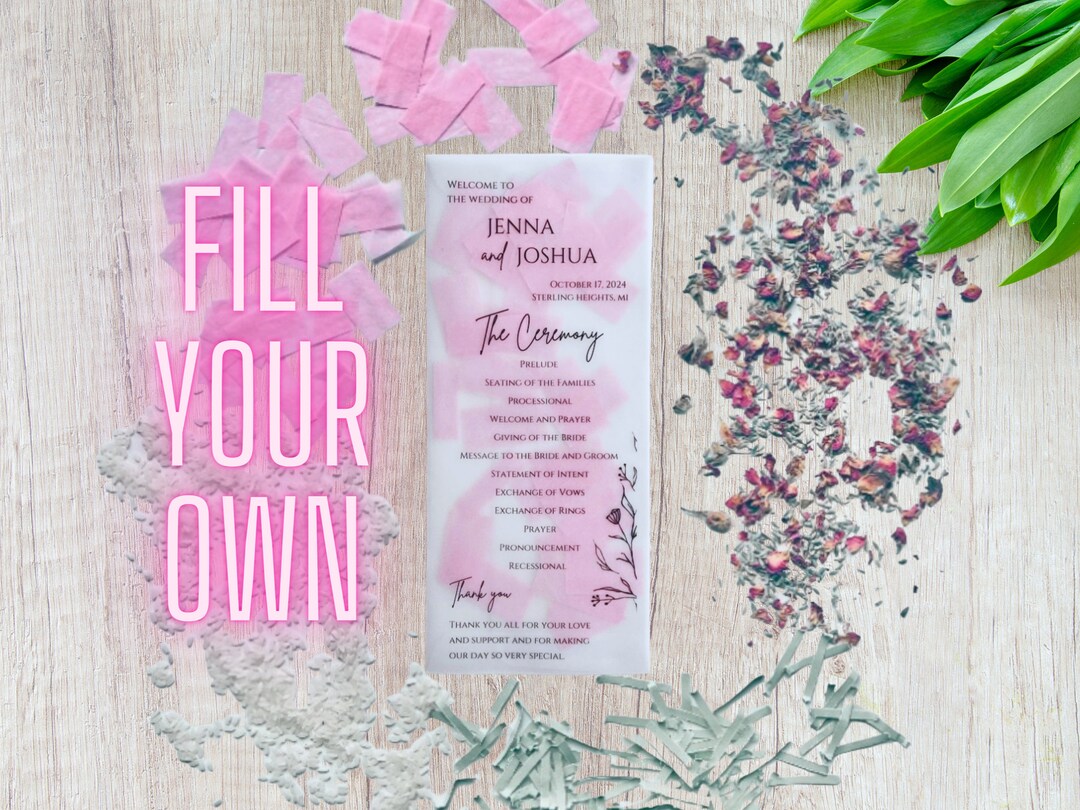 PRINTED Custom fill Your Own Vellum Confetti Wedding Program Confetti Pouch Envelope Bride