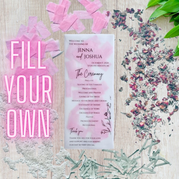 PRINTED Custom "Fill Your Own" Vellum Confetti Wedding Program | Confetti Pouch Envelope | Bride & Groom Send Off Exit | Biodegradable
