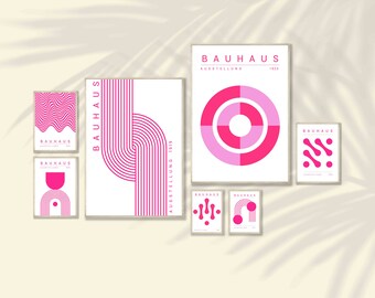 Rosa Eklektisches Wandkunst-Set von 7 No3 - Bauhaus-Drucke, Bauhaus-Wandkunst, Bauhaus-Poster-Set, Mid Century-Drucke, Modernes Wohnzimmer-Dekor