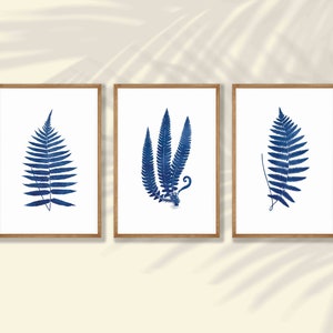 Blue Watercolor Fern Printable Art SET OF 3 | Fern Poster, Blue Botanical Wall Art,Kitchen Wall Decor,Kitchen Print Set,Botanical Wall Decor
