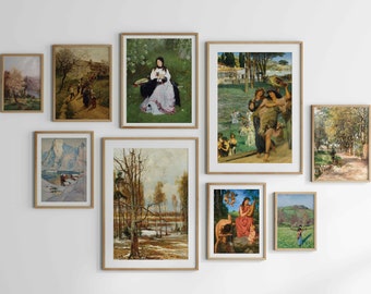 May include: A gallery wall with nine framed paintings, featuring various landscapes and scenes with people. The paintings are in different sizes and styles, and they are arranged in a symmetrical pattern on a white wall.