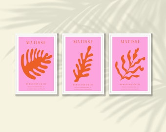 Rosa Matisse-tryck Set om 3 Nr 6 | Matisse-väggkonst, Matisse-affischset, Galleriväggdekor, Rosa blomstertryck, Modern väggkonst, Boho-inredning