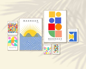 Eklektisches Wandkunst-Set von 7 No2 - Bauhaus-Drucke, Bauhaus-Wandkunst, Bauhaus-Poster-Set, Mid Century-Drucke, Modernes Wohnzimmer-Dekor