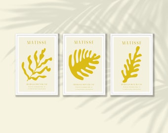 Gelbe Matisse Blatt Drucke 3er Set | Matisse Wandkunst, Matisse Poster Set, Galerie Wanddekor, Blumendruck, moderne Wandkunst, Boho Wanddekor