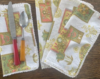 Vintage Gold and Brown Early American 1970s Flower Power Table Napkins set of 4 Handmade