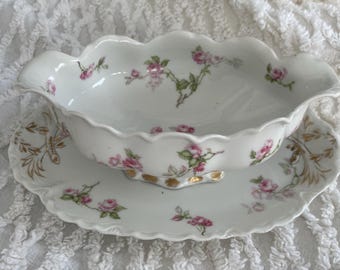 Vintage Haviland Limoges Gravy Boat with Attached Undertray