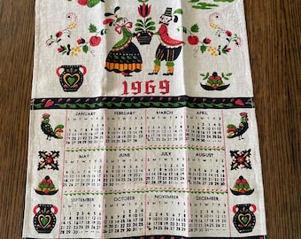 Vintage Mid Century 1969 Linen Pennsylvania Dutch Calendar Kitchen or Tea Towel