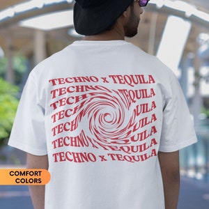 May include: White t-shirt with a red graphic print of a swirling design and the text "TECHNO X TEQUILA" repeated multiple times.