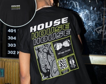 May include: Black t-shirt with a graphic print of the word "HOUSE" repeated three times in a stacked design. The graphic also includes a black and white abstract design with the text "HOUSE MUSIC" and "MUSIC FOR THE SOUL".
