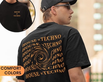 May include: Black t-shirt with a swirling graphic design in orange. The graphic features the text "HOUSE x TECHNO" repeated multiple times.