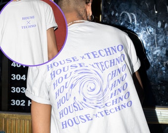 May include: White t-shirt with a purple graphic of a swirling vortex and the text "HOUSE x TECHNO" repeated multiple times.