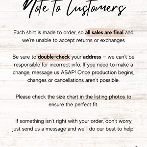 May include: A white wooden sign with the text "Note to Customers" in elegant script. The sign provides information about sales, returns, address verification, and size charts. The Han's Designs logo is at the bottom.