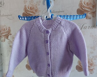 Hand knitted 3-6 month girls,boys lilac purple lightweight cardigan