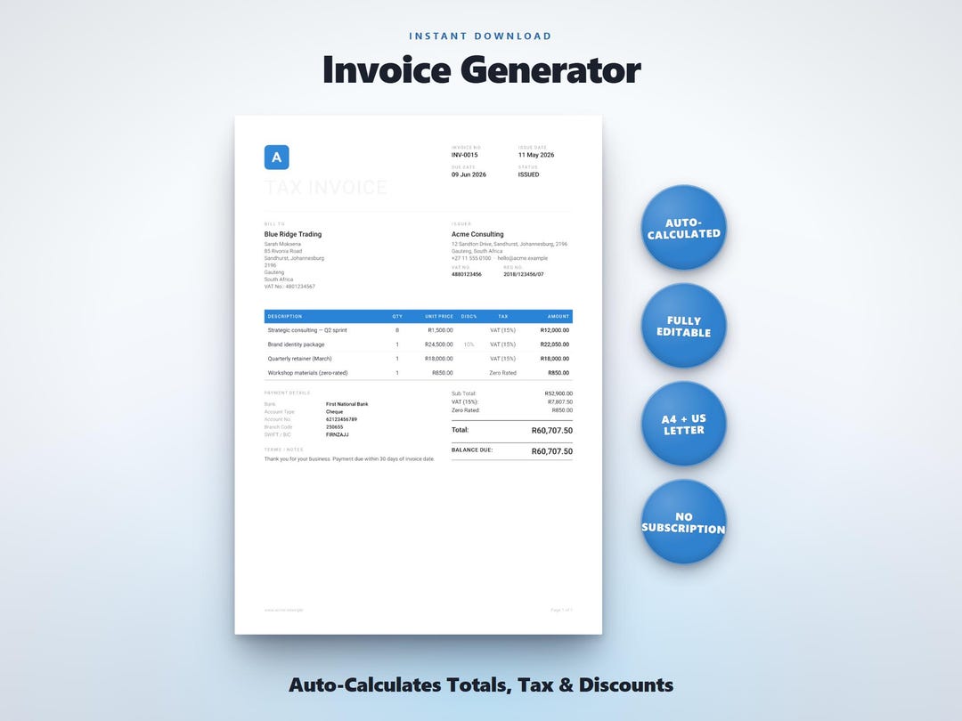 Invoice Generator With Auto Calculation | Editable Invoice Template for ...