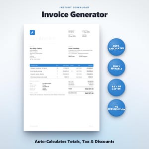 Invoice Generator with Auto Calculation | Editable Invoice Template for Freelancers | Instant PDF, No Subscription
