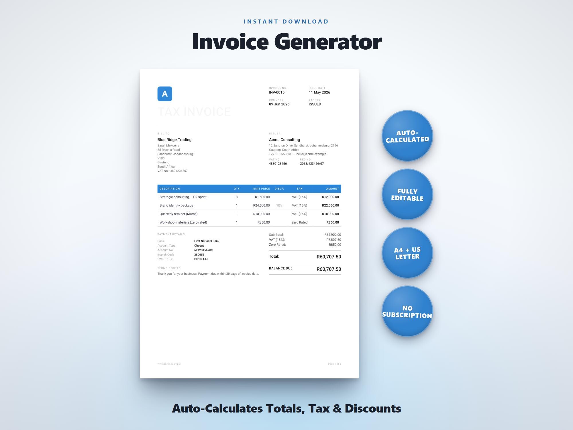 Invoice Generator With Auto Calculation | Editable Invoice Template for ...