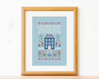 The Tulip House, Modern Cross Stitch Sampler. Instant download pattern. This Easy cross stitch pattern makes a great first sampler project
