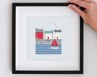 Little Seaside Houses - Cross Stitch Pattern PDF. Instant download coastal counted cross stitch chart, ideal project for modern home decor.