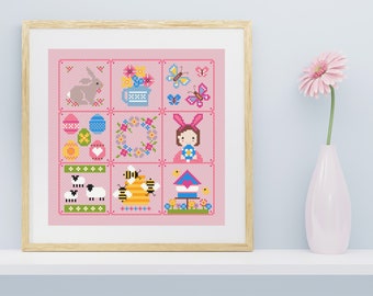 Easter Cross Stitch Sampler. Instant download PDF pattern. Cute, colourful spring sampler for cross stitch. Simple design, easy stitches