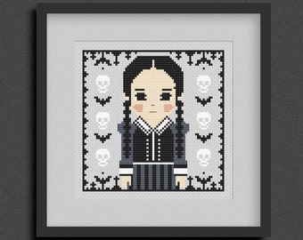 Wednesday Addams Cross Stitch Pattern PDF. Instant download cross stitch chart. Halloween Gothic Addams Family Design