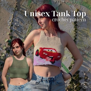 May include: A beige crochet tank top featuring a red car graphic and a light purple bottom border, alongside a solid olive green crochet tank top. The text "Unisex Tank Top crochet pattern" is printed in white across the top of the image.