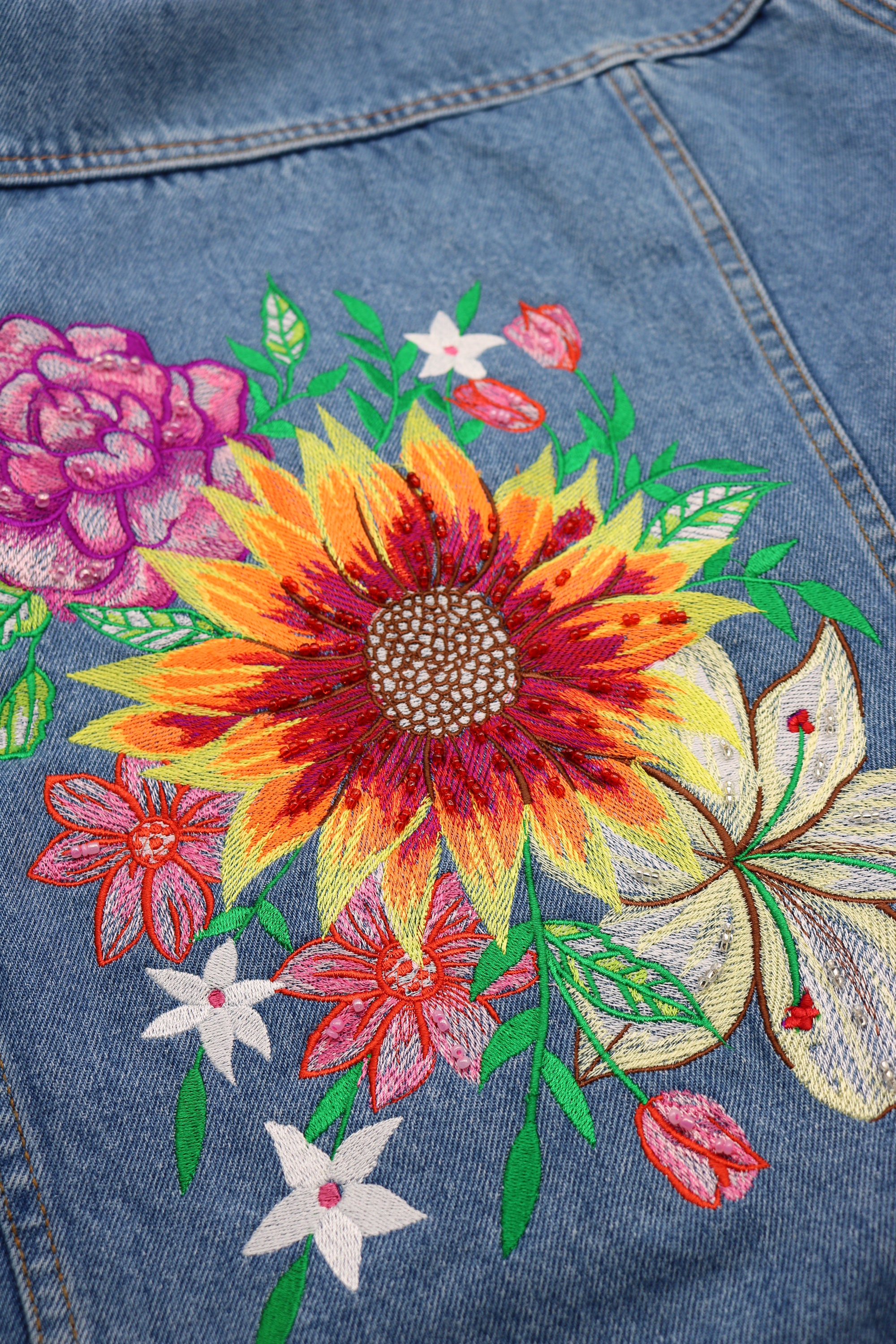 Adoration Sunflower Embroidered Denim Jacket - Sofia Marino