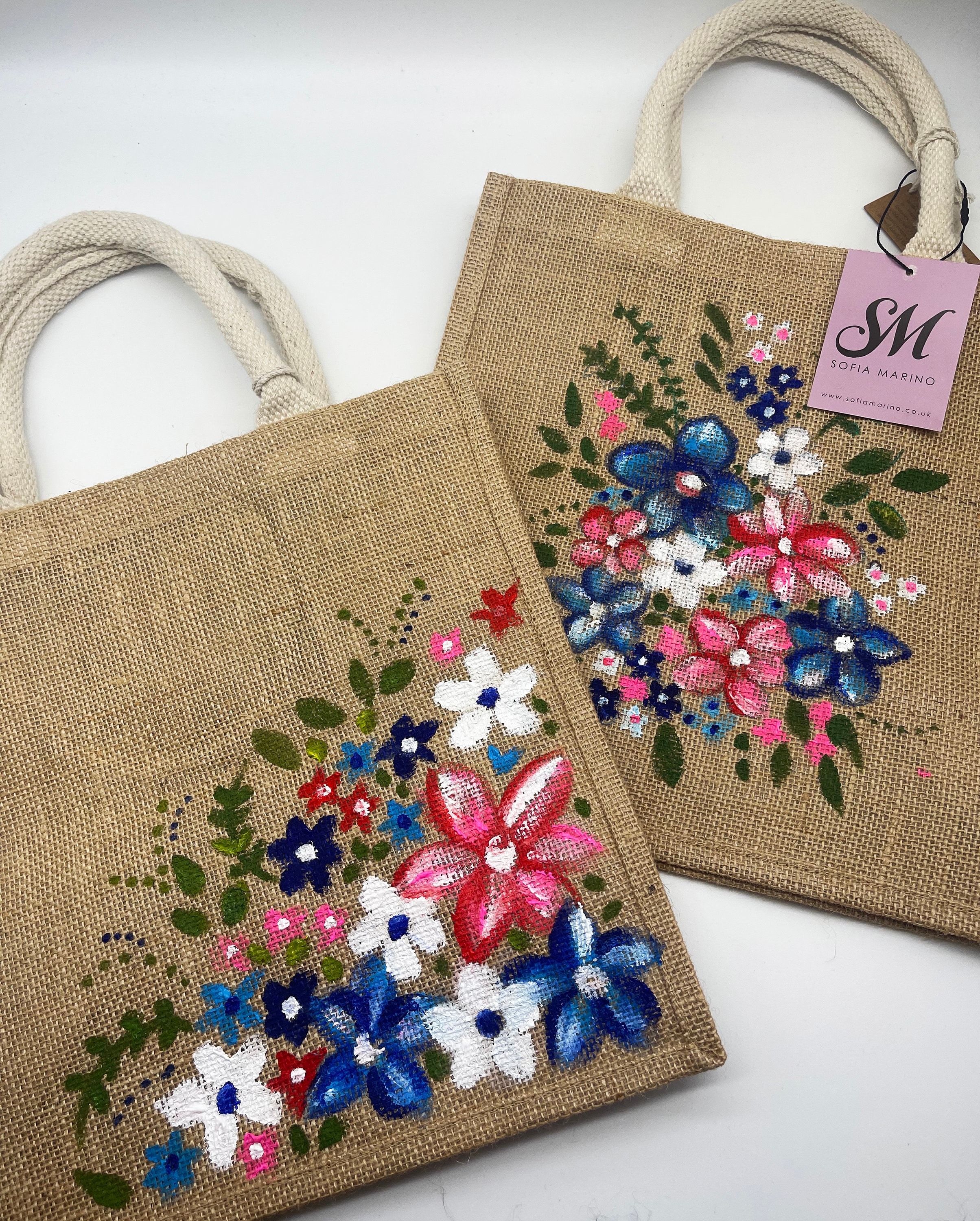 Medium Jute Bag with Pink Fabric Flower Trim Lunch Bag Book Bag Gift Bag  MB3 | Fabric flowers, Craft bags, Jute bags