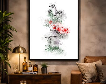 Impresión abstracta de acuarela de botella de ron, arte moderno de bar (descarga instantánea)