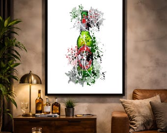 Green Lager Beer Bottle Watercolor Art | Bar Decor (Instant Download)