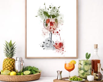 Gin And Tonic Watercolor Cocktail Print, Modern Bar kitchen Art (Instant Download)