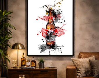 Impresión artística de acuarela de botella de cerveza / Decoración moderna de bar (descarga instantánea)