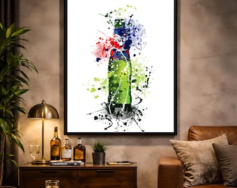 Impresión artística de acuarela de botella de cerveza / Arte mural colorido con alcohol / Decoración moderna para bar (Descarga instantánea)