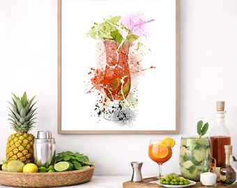 Singapore Sling Watercolour Cocktail Print, Modern Bar kitchen Art (Instant Download)